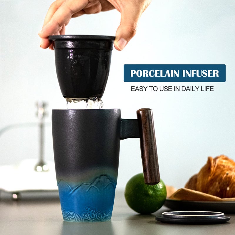 suyika Tomotime Ceramic Tea Cup with Infuser and Lid Tea Mugs Wooden Handle 400ml/13.5oz Black cyan - Image 2